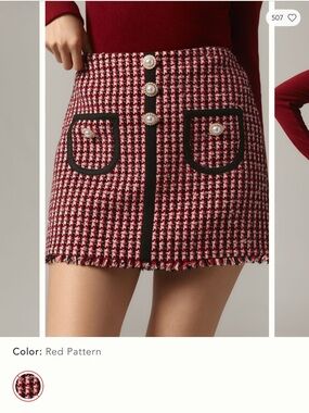 Anthropologie Red Pattern Tweed Mini Skirt with Pearl Buttons